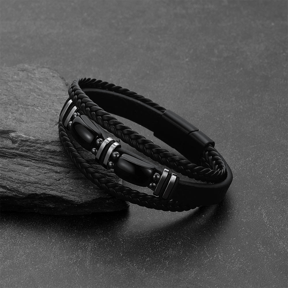 Obsidian Multilayer Leather Bracelet Braided Leather Wristband for Men