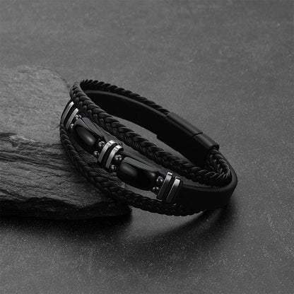 Obsidian Multilayer Leather Bracelet Braided Leather Wristband for Men