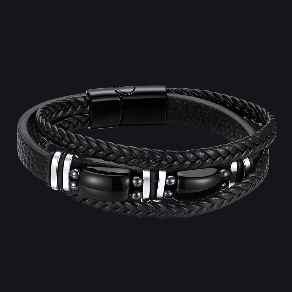 Obsidian Multilayer Leather Bracelet Braided Leather Wristband for Men