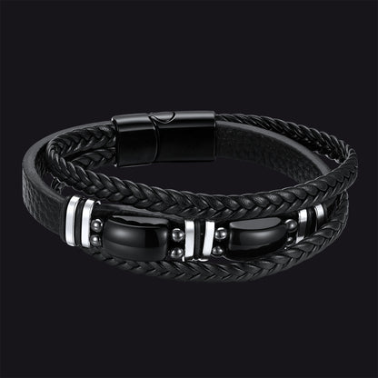 Obsidian Multilayer Leather Bracelet Braided Leather Wristband for Men