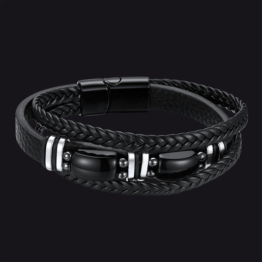 Obsidian Multilayer Leather Bracelet Braided Leather Wristband for Menimg