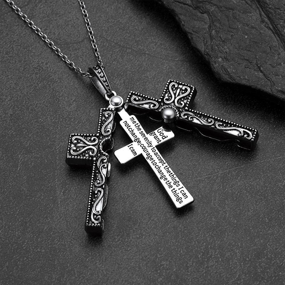 Folding crucifix cross pendant opened showing engraved Serenity Prayer inside