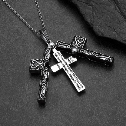 Folding crucifix cross pendant opened showing engraved Serenity Prayer inside