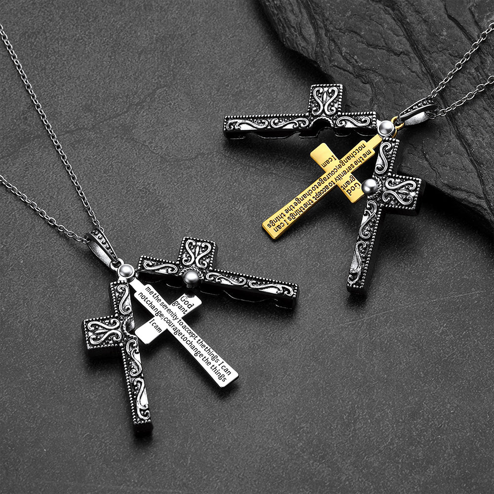 Folding crucifix cross pendant opened showing engraved Serenity Prayer inside