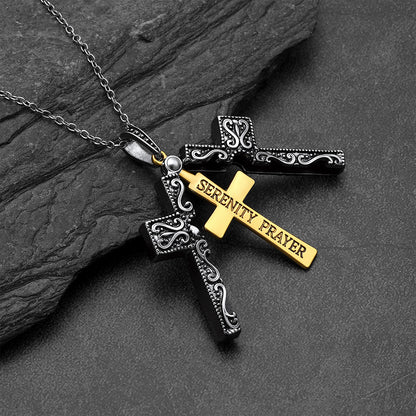 Folding crucifix cross pendant opened showing engraved Serenity Prayer inside