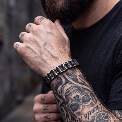 Men's Stainless Steel Motorcycle Bike Chain Bracelet Braided Leather Bangle for Guys