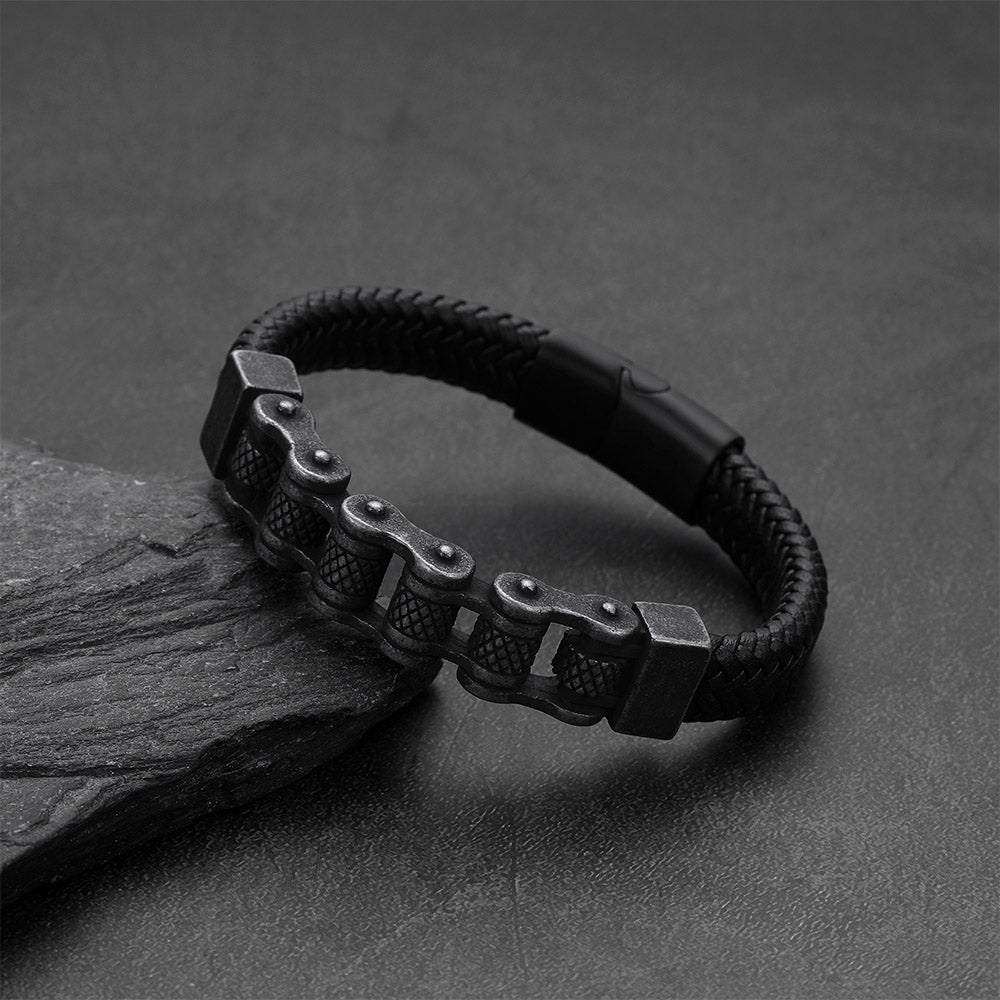 Men's Stainless Steel Motorcycle Bike Chain Bracelet Braided Leather Bangle