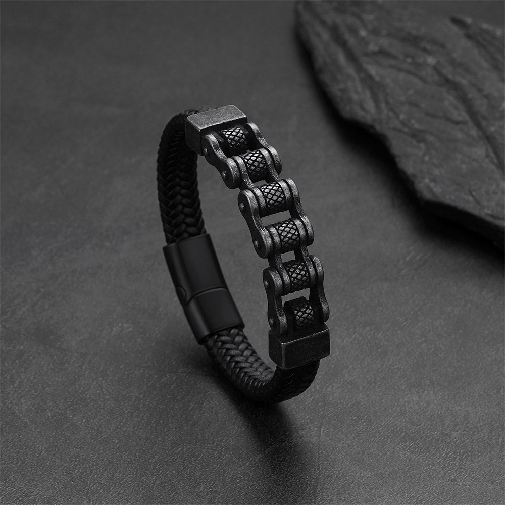 Men's Stainless Steel Motorcycle Bike Chain Bracelet Braided Leather Bangle