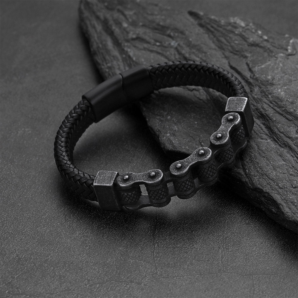 Men's Stainless Steel Motorcycle Bike Chain Bracelet Braided Leather Bangle