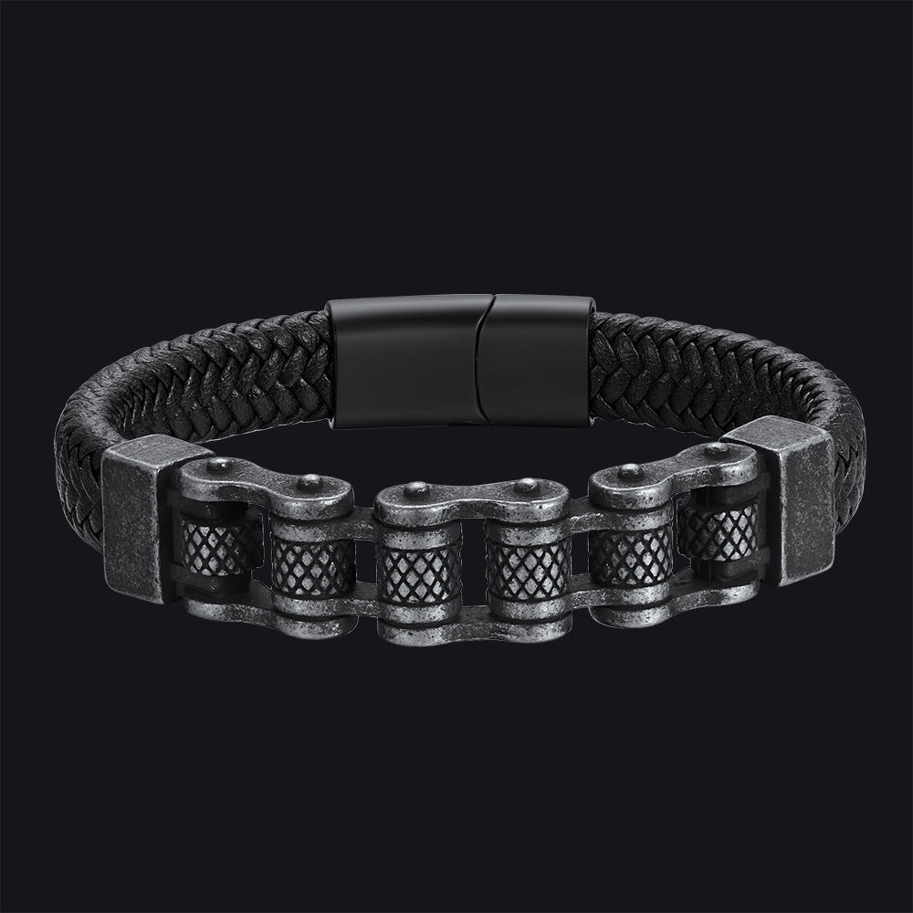 Men's Stainless Steel Motorcycle Bike Chain Bracelet Braided Leather Bangle