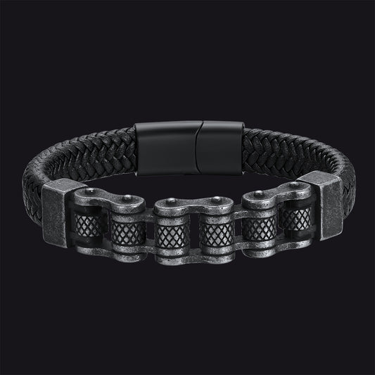 Men's Stainless Steel Motorcycle Bike Chain Bracelet Braided Leather Bangleimg