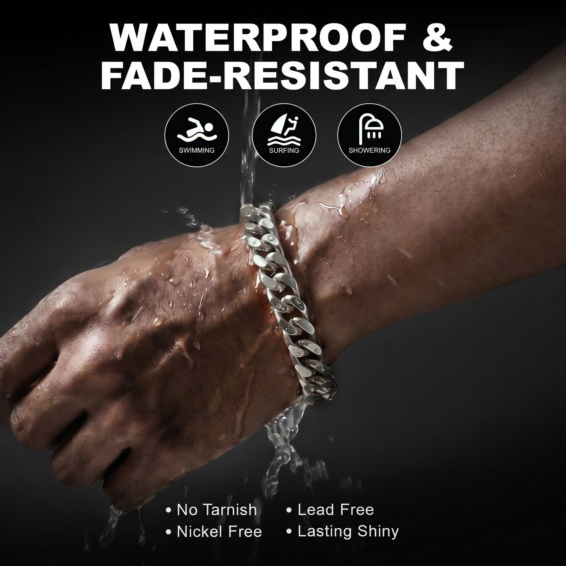 Hand with a bracelet being splashed by water, with text highlighting waterproof and fade-resistant properties.