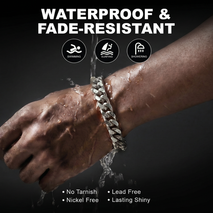 Hand with a bracelet being splashed by water, with text highlighting waterproof and fade-resistant properties.