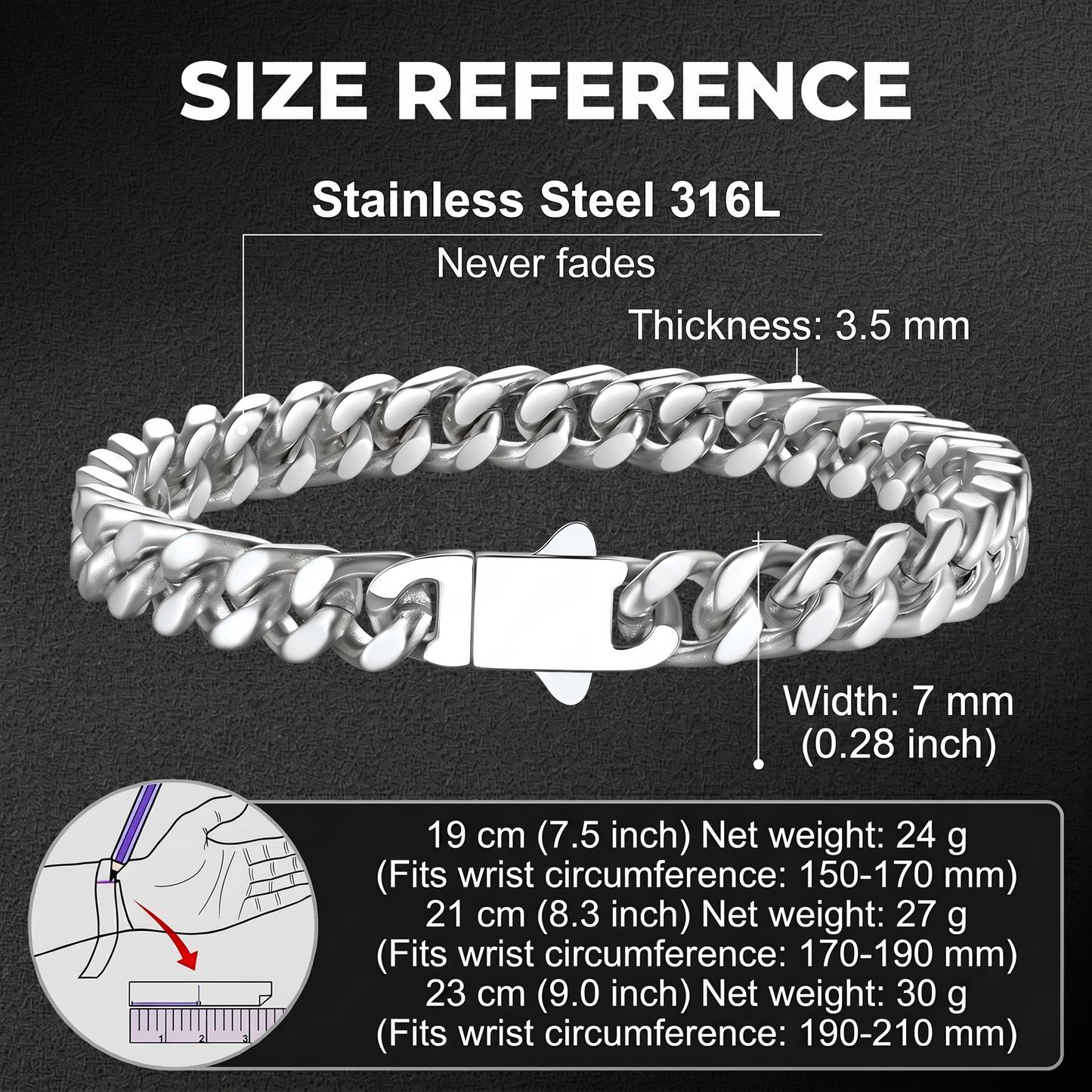 Stainless steel 316L bracelet with size reference on a black background
