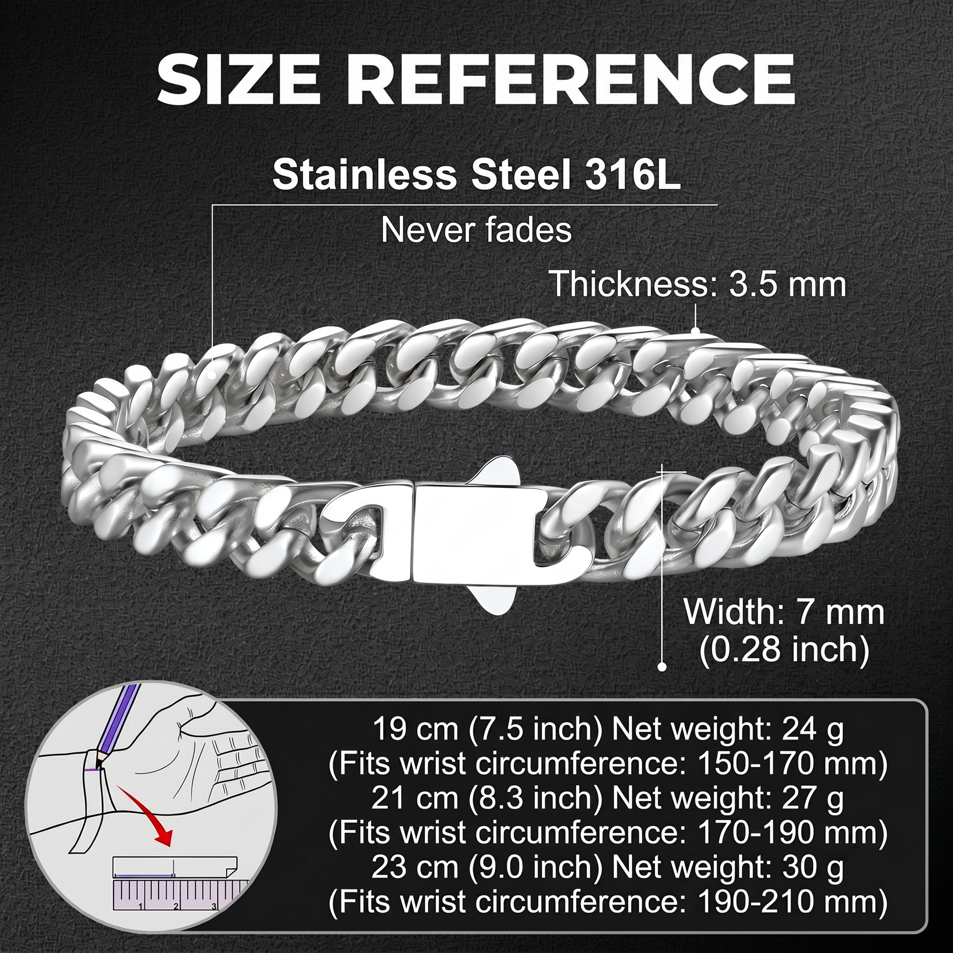 Stainless steel 316L bracelet with size reference on a black background