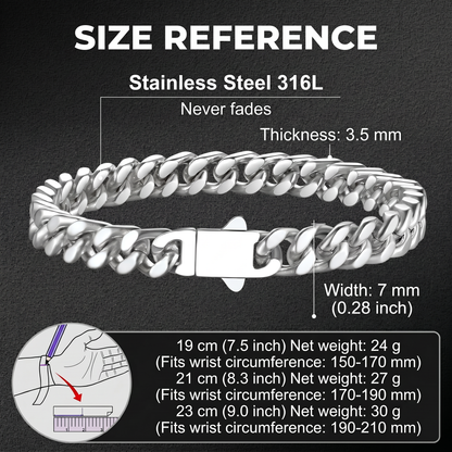 Stainless steel 316L bracelet with size reference on a black background