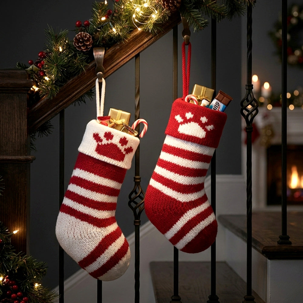 Two festive Christmas stockings hang from a wooden staircase railing