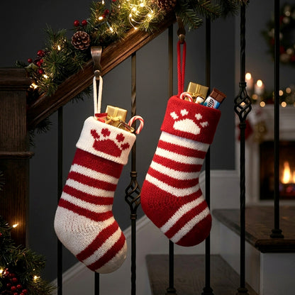 Two festive Christmas stockings hang from a wooden staircase railing
