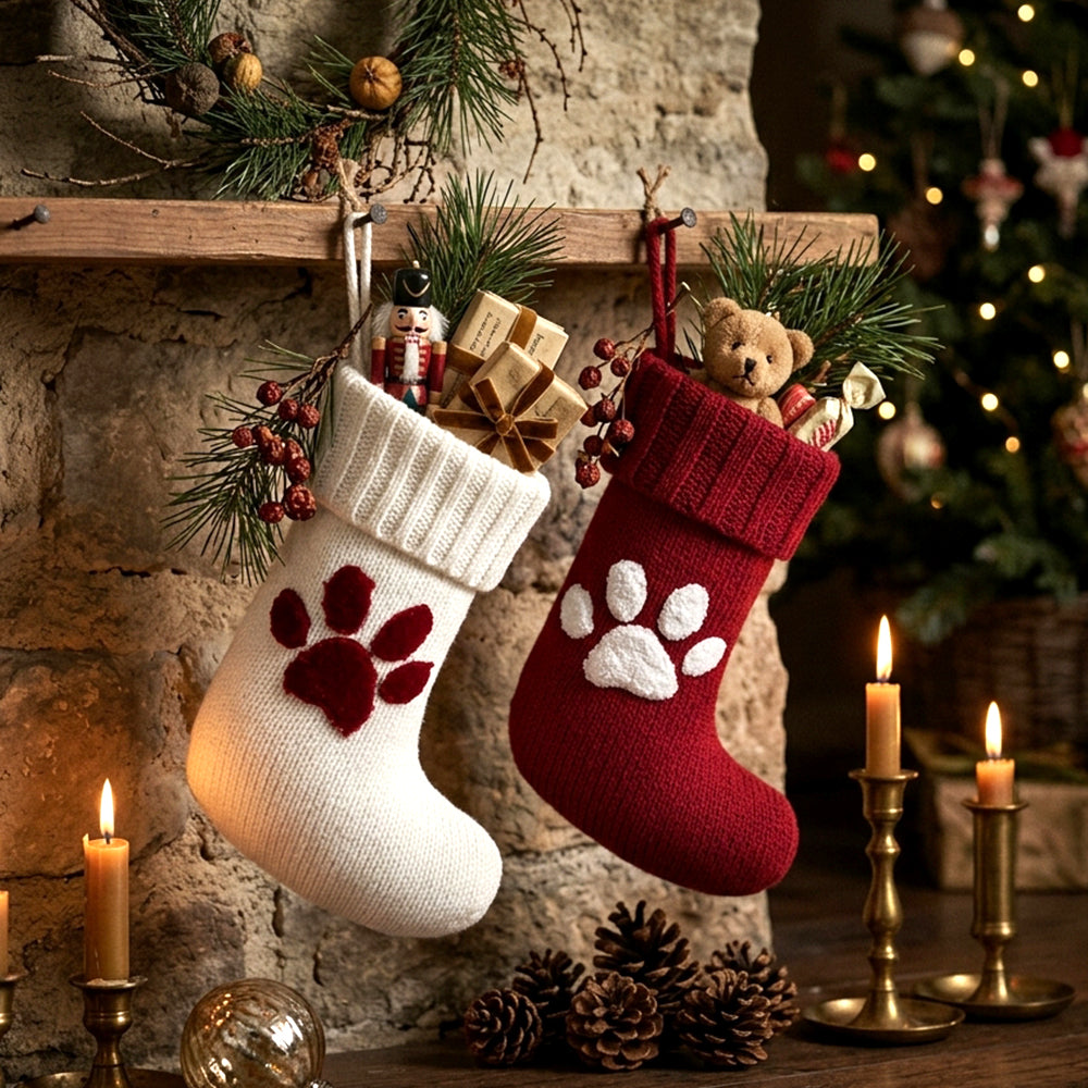 Two knitted Christmas stockings hang from a wooden mantel in a cozy holiday setting. 