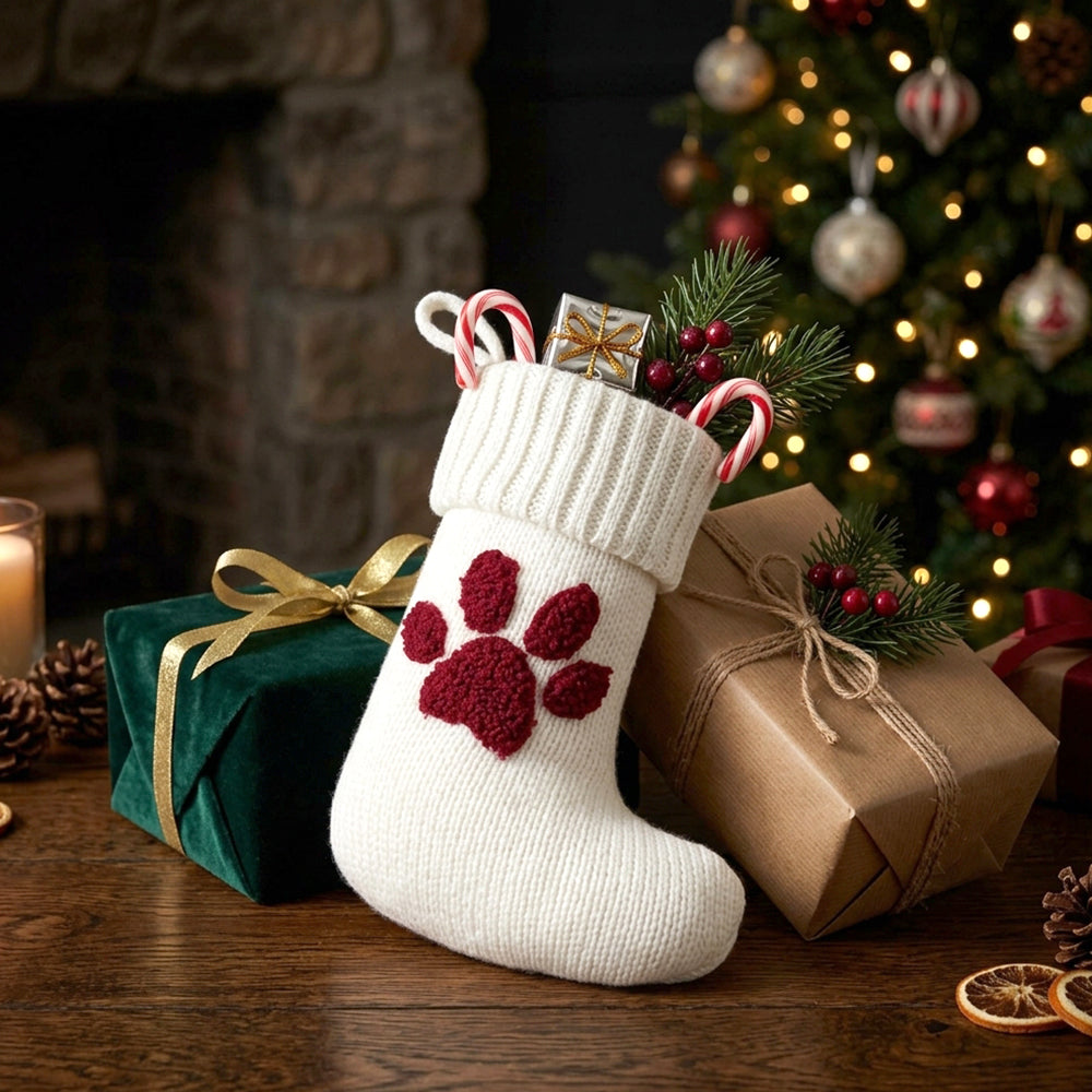 A white knit Christmas stocking with a red paw print on the front.