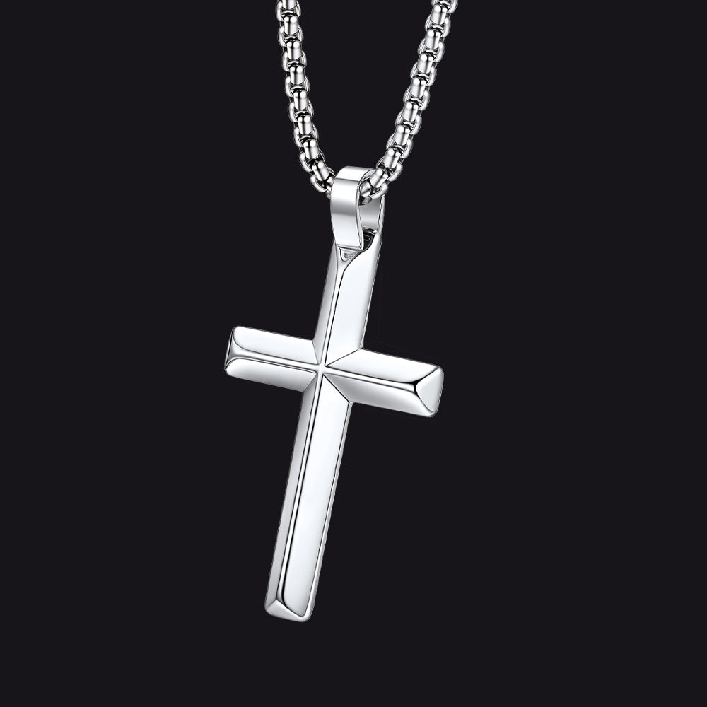 Beveled Edge Cross Pendant | Silver Finish | Medium Size 