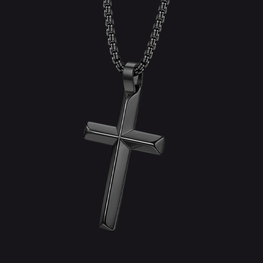Minimalist Beveled Edge Crucifix Cross Pendant Necklace with Gift Box for Men