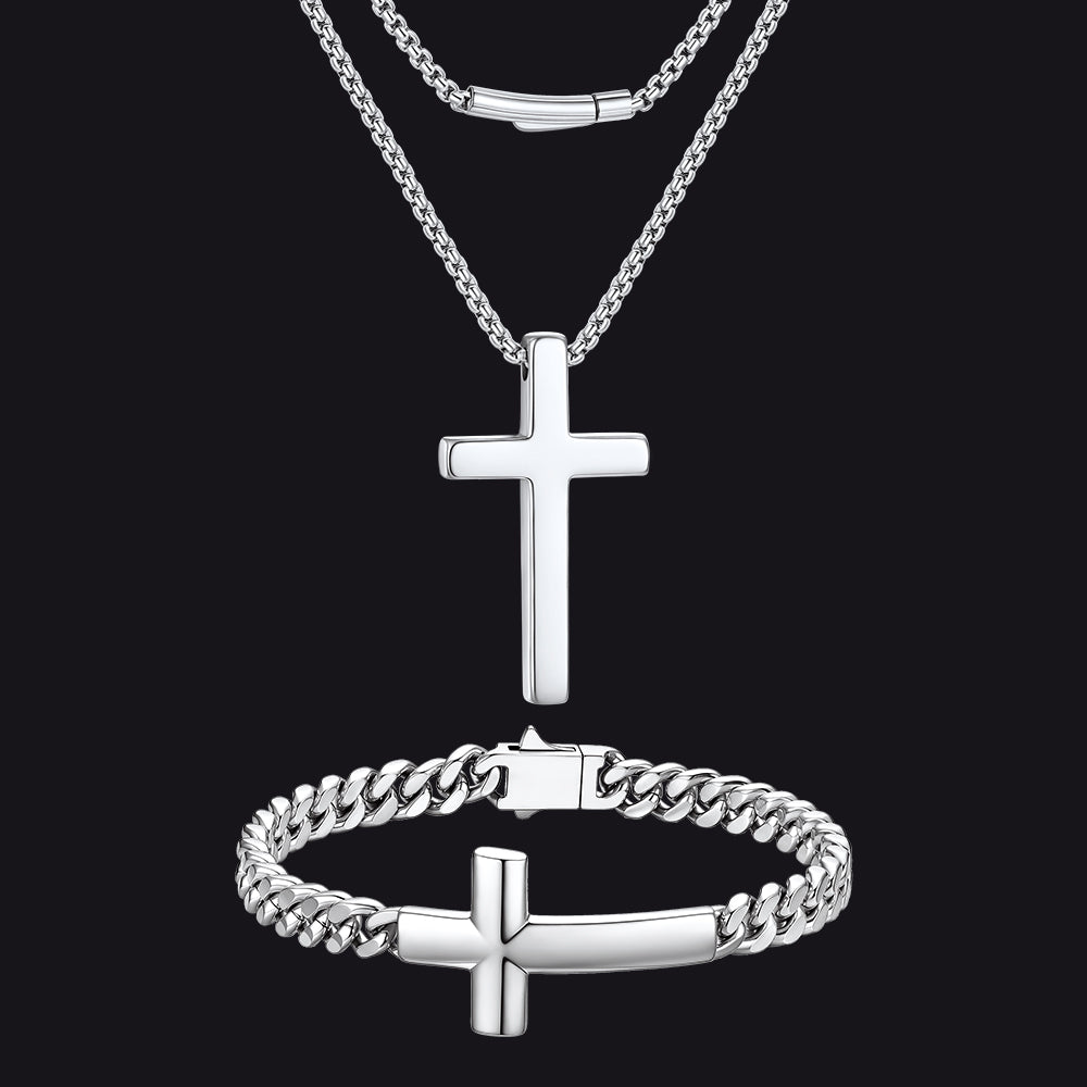 Minimalist Cross Necklace & Bracelet Jewelry Set for Men