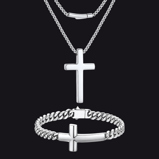 Minimalist Cross Necklace & Bracelet Jewelry Set for Menimg