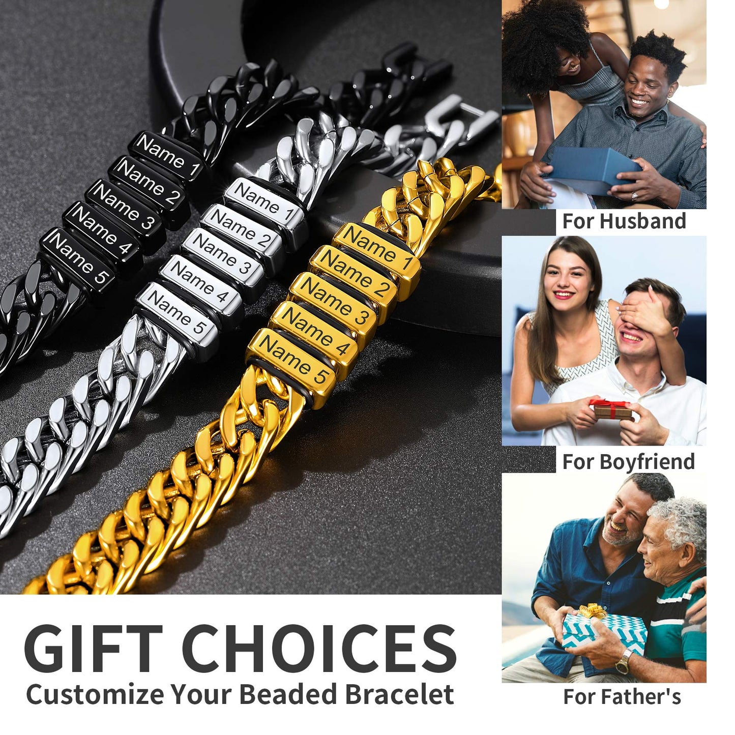 Customized Engraved Multiple Name Cuban Link Chain Bracelet for Men