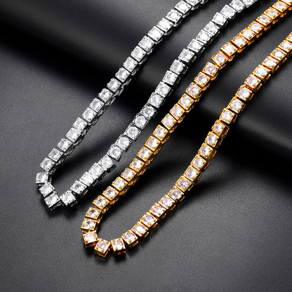 Side-by-side gold and silver CZ iced-out chain necklaces in 4mm width