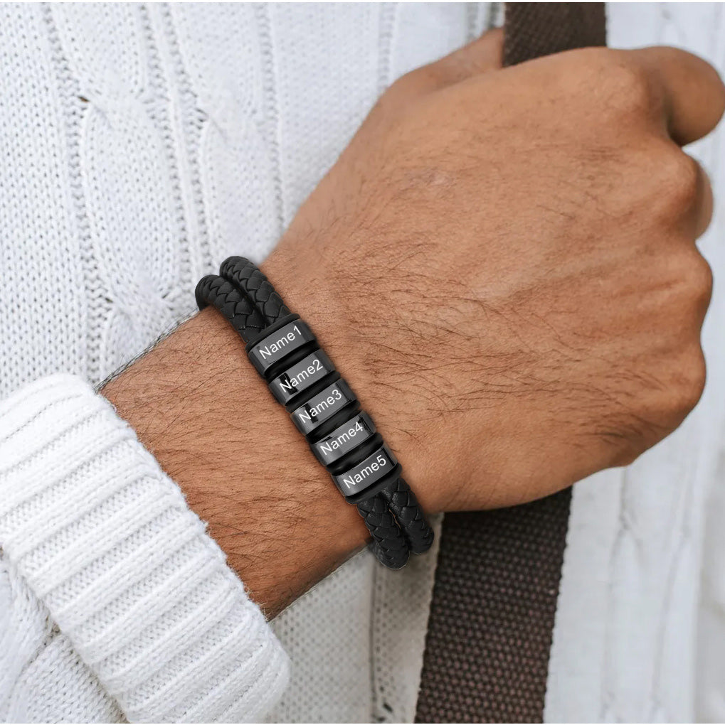 Customized Name Braided Leather Bracelet with Custom Beaded for Men Dad