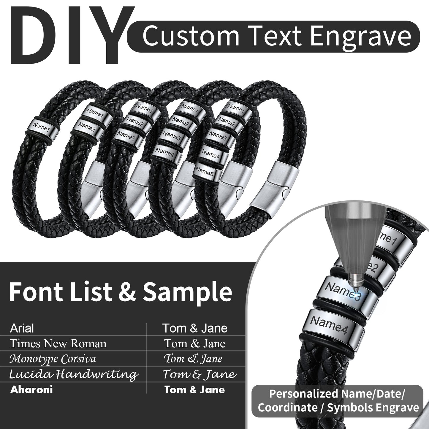 Customized Name Braided Leather Bracelet with Custom Beaded for Men Dad