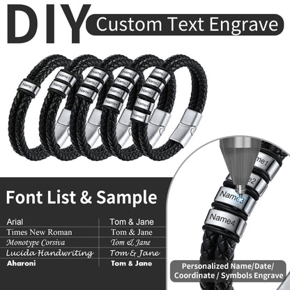 Customized Name Braided Leather Bracelet with Custom Beaded for Men Dad