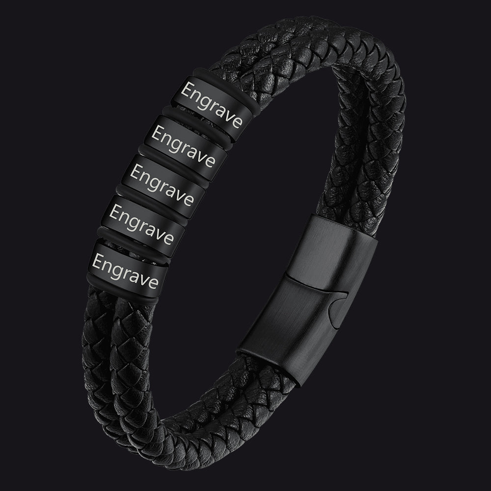 Engraving Name Braided Leather Bracelet 1-5 Beaded Gift for Men Dad  Black / 5 Beads / 23cm