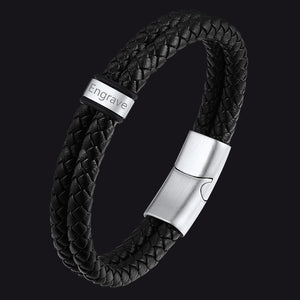 Engraving Name Braided Leather Bracelet 1-5 Beaded Gift for Men Dad  Steel / 1 Beads / 23cm