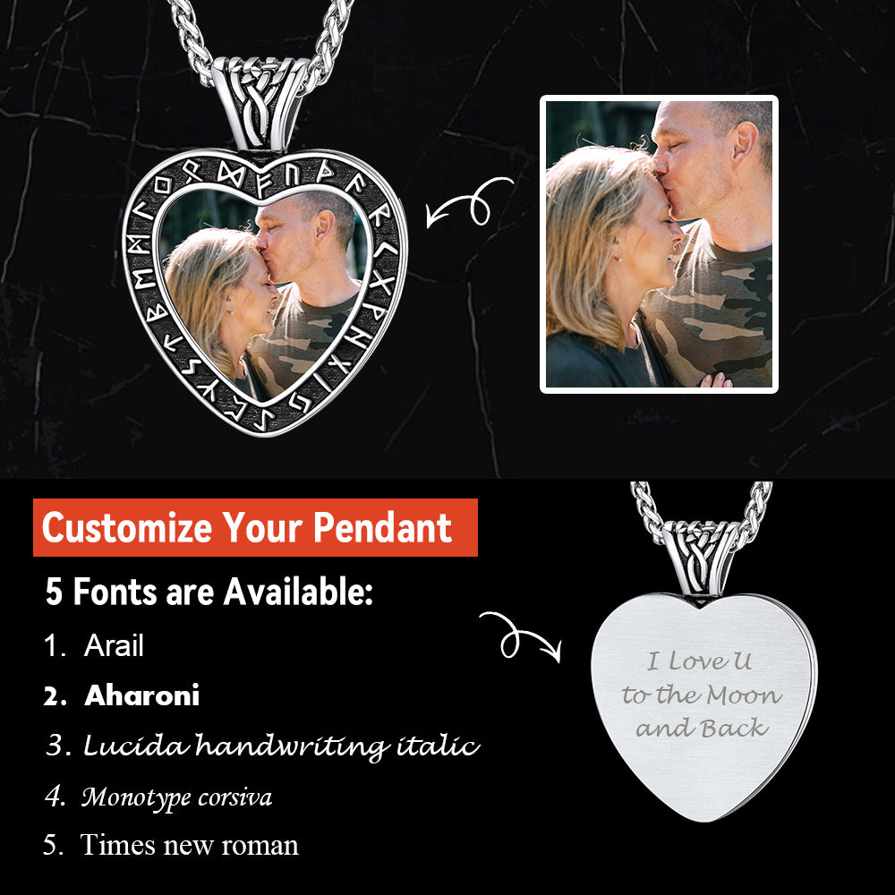Custom Engraved Photo Heart Necklace with Viking Rune FaithHeart