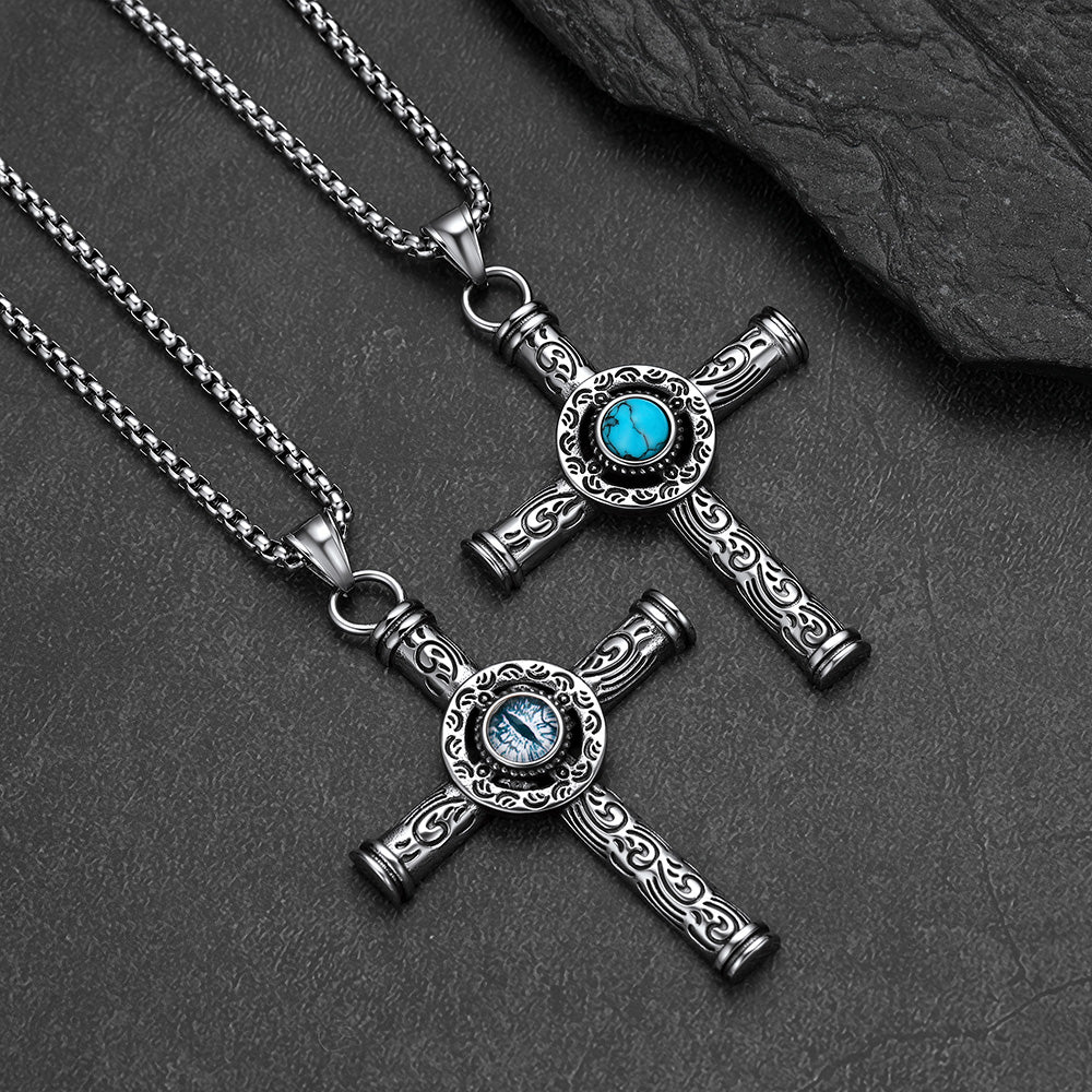 Norse carved cross necklace available in Turquoise and Evil Eye styles