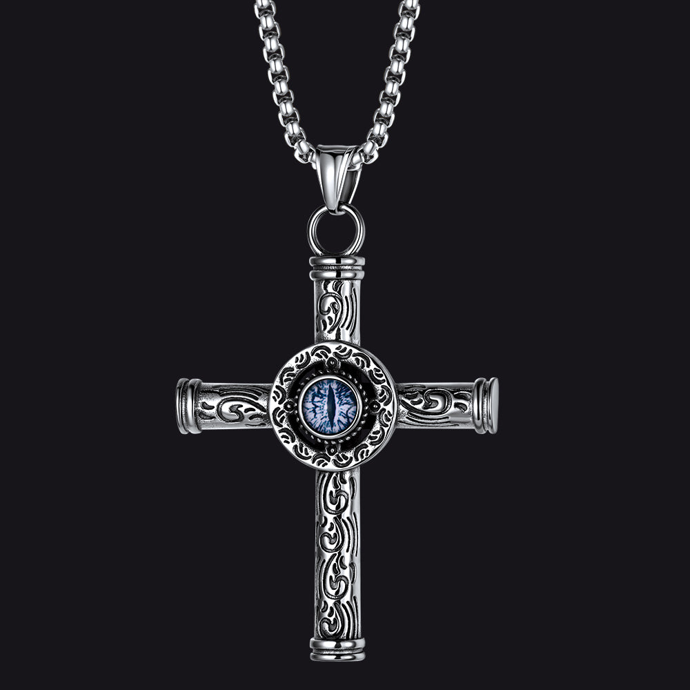 Norse mythology carved cross necklace for men, evil eye style Viking cross pendant