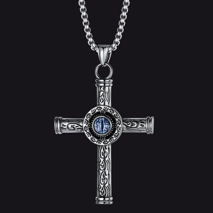 Norse mythology carved cross necklace for men, evil eye style Viking cross pendant