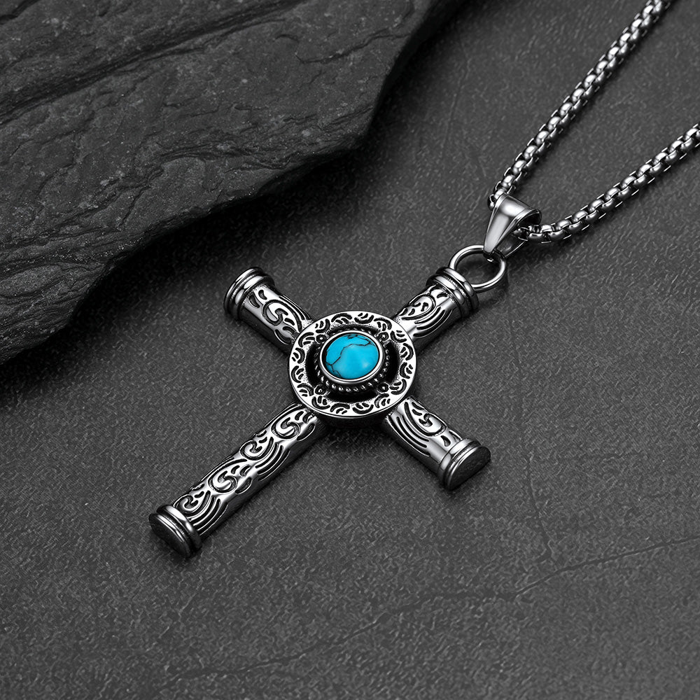 Turquoise carved cross necklace flat lay, Norse mythology cross pendant for men