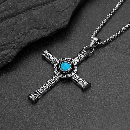 Turquoise carved cross necklace flat lay, Norse mythology cross pendant for men
