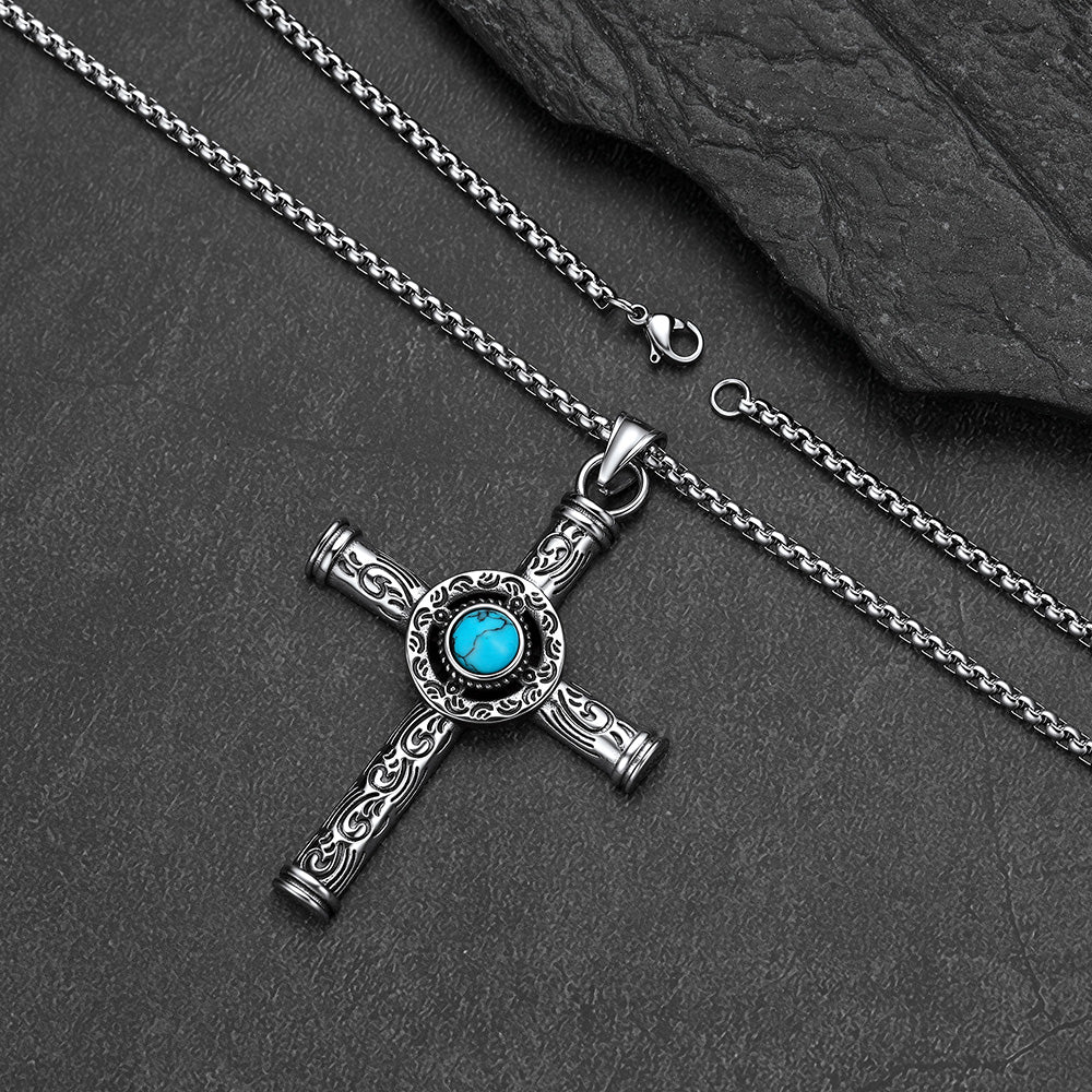 Turquoise carved cross necklace flat lay, Norse mythology cross pendant for men