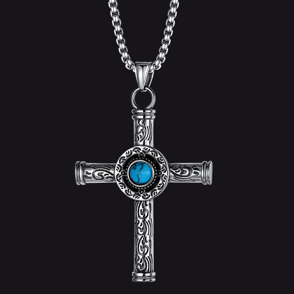 Norse mythology carved turquoise cross necklace for men