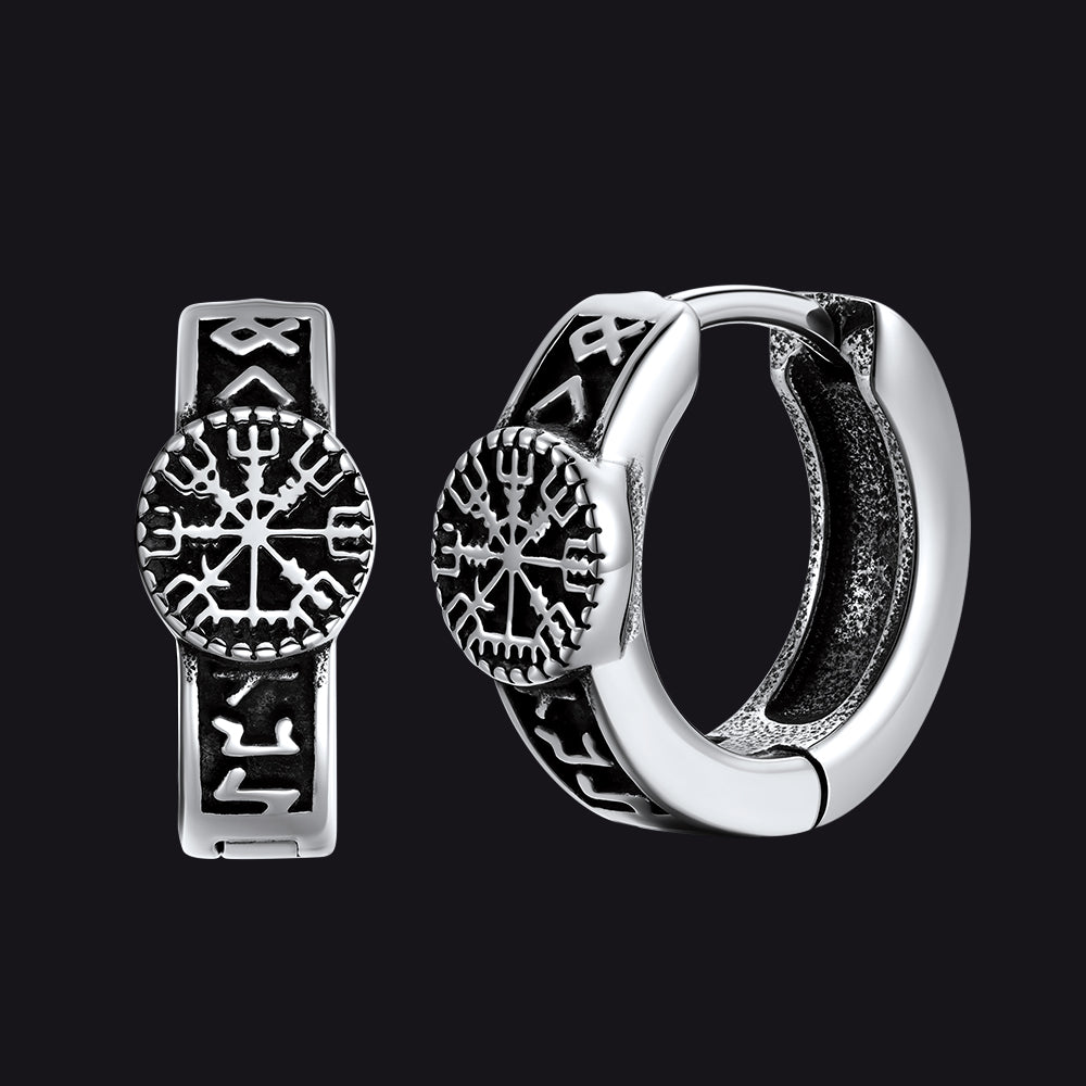 Silver Norse Viking Compass Hoop Earrings