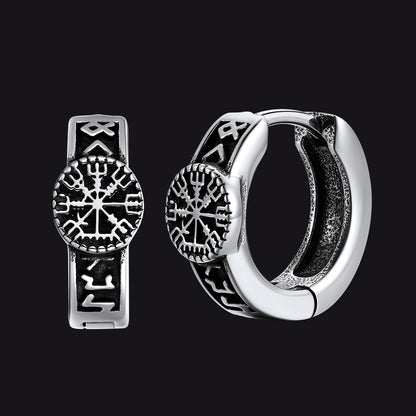 Silver Norse Viking Compass Hoop Earrings