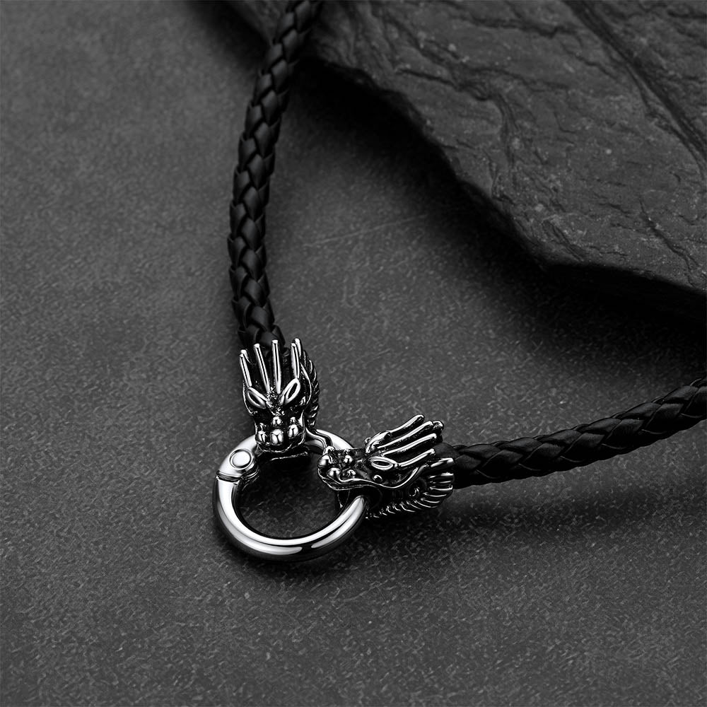 Norse Viking Dragon Head Braided Leather Necklace for Men