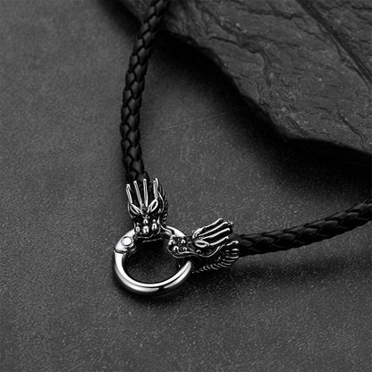 Norse Viking Dragon Head Braided Leather Necklace for Men