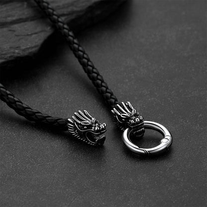 Norse Viking Dragon Head Braided Leather Necklace for Men