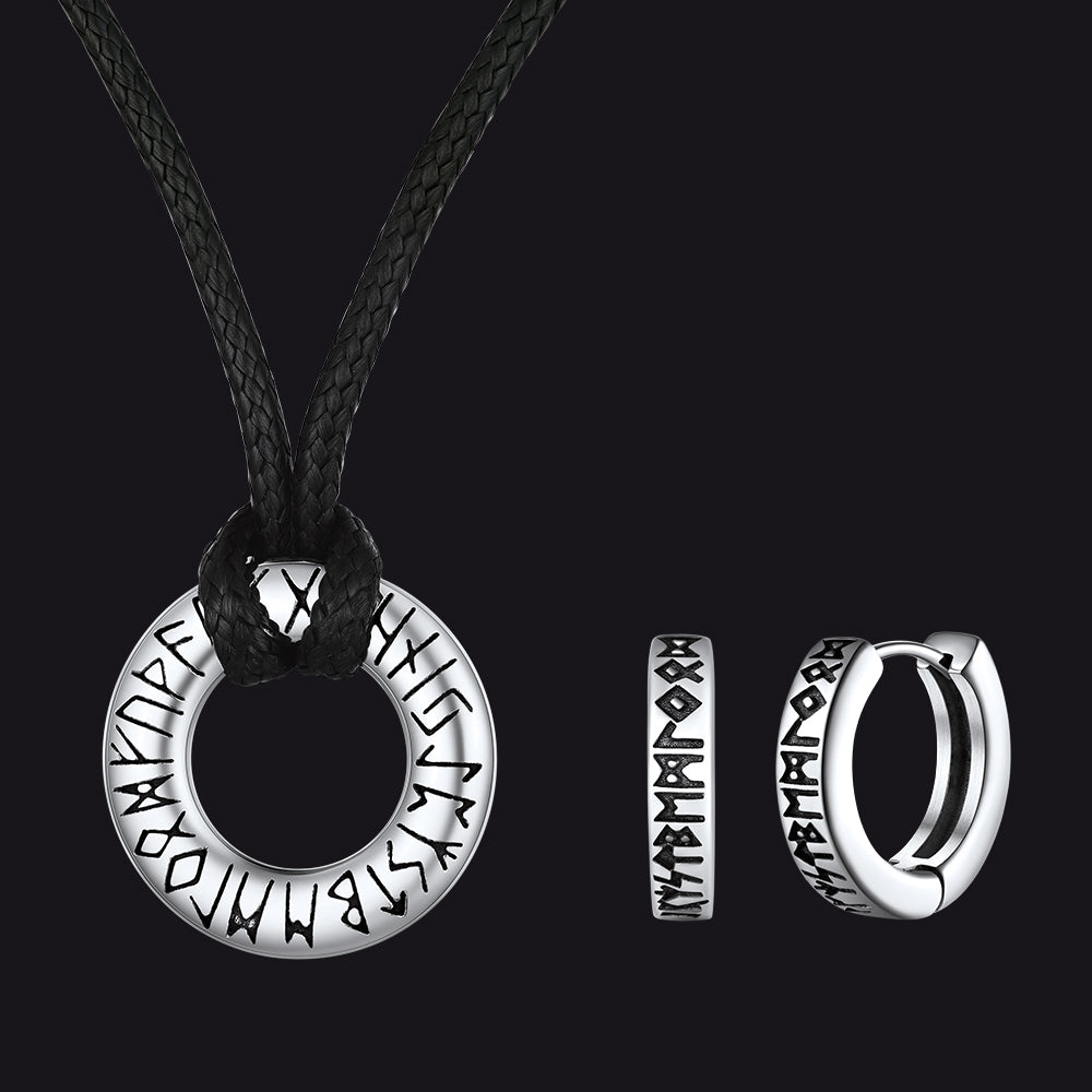 Norse Viking Rune Hoop Earrings & Circle Leather Necklace Set