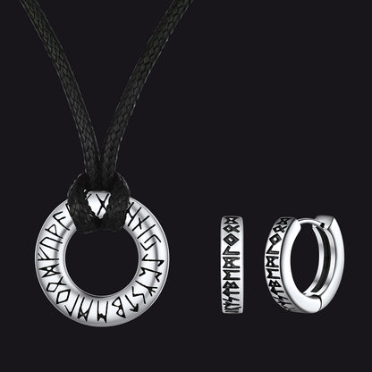 Norse Viking Rune Hoop Earrings & Circle Leather Necklace Set